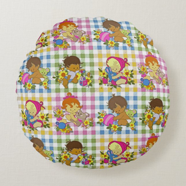 Cute Retro Colourful Patchwork Plaid Baby Shower  Round Pillow (Front)