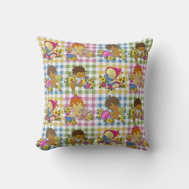 Cute Retro Colourful Patchwork Plaid Baby Shower  Throw Pillow (Front)