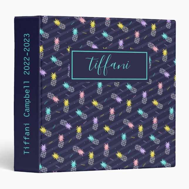 Cute Retro Colourful Pineapples 3 Ring Binder (Front/Spine)