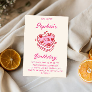 Cute Retro Cream & Pink Heart Cake Birthday Party  Invitation