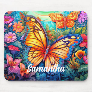 Cute Retro Custom Butterfly Monogram Name Mouse Pad