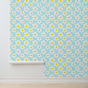 Cute Retro Daisies Whimsical Blue Baby Nursery Wallpaper