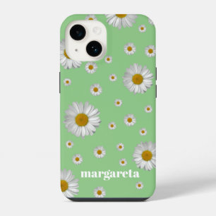 Cute Retro Daisy Flower with Name Sage Green iPhone 14 Case
