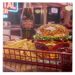 Cute Retro Diner Crystalline Burger and Fries Tile