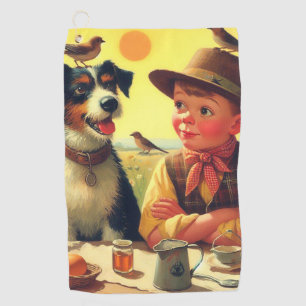 Cute Retro Dog and Children Painting Golf Towel