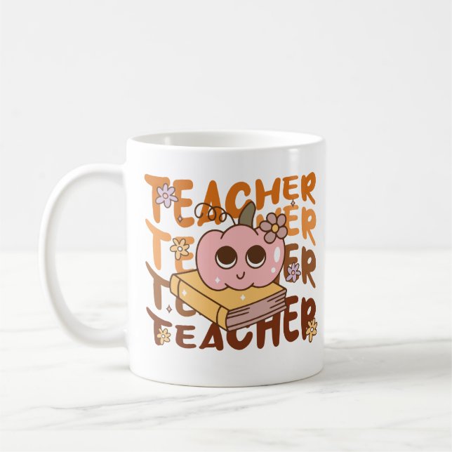 Cute Retro Fall Teacher Pumpkin Halloween Coffee Mug (Left)