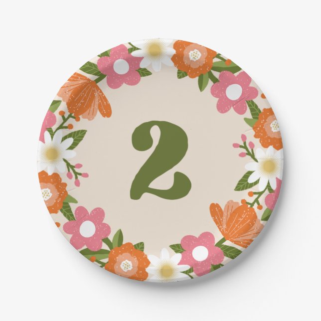 Cute Retro Floral 2 | Girls Second Birthday Paper Plate (Front)