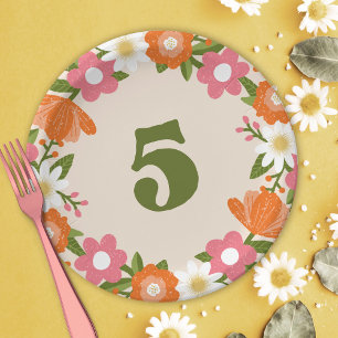 Cute Retro Floral 5   Girls Fifth Birthday Paper Plate