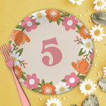 Cute Retro Floral 5 | Girls Fifth Birthday Paper Plate<br><div class="desc">These super cute fifth birthday paper plates feature a hand drawn floral frame,  including daisies,  in orange,  pink,  olive toned greens,  muted gold,  and white. Retro Typography reads,  "5" in matching pink. *Illustration by Tracey Khalei / Orabella Prints.</div>