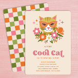 Cute Retro Floral Cool Cat Girls Birthday Party Invitation<br><div class="desc">This adorable girls' birthday party invitation features a hand drawn retro cat wearing sunglasses, along with floral elements and star accents. A colour palette of pink, orange, muted gold, and olive toned greens adds to the retro / vintage look! The back contains a matching chequerboard pattern. *Illustration and pattern by...</div>