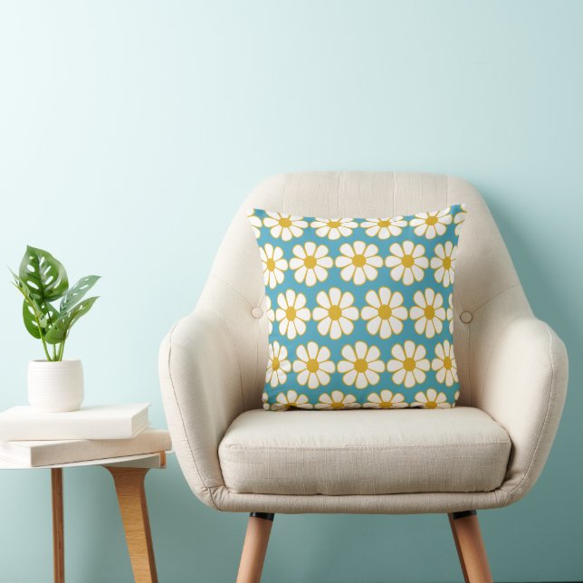 Cute Retro Floral Daisy Pattern Mustard and Blue Throw Pillow (Chair)