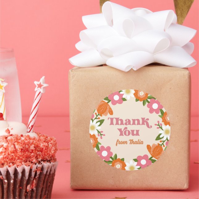 Cute Retro Floral Frame Thank You Classic Round Sticker (Party)