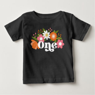 Cute Retro Floral One   Baby's First Birthday  Baby T-Shirt