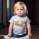 Cute Retro Floral One | Baby's First Birthday  Baby T-Shirt<br><div class="desc">This super cute first birthday shirt features a hand drawn floral design,  including daisies,  in orange,  pink,  olive toned greens,  and white. Retro Typography reads,  "One" in dark olive green. *Illustration by Tracey Khalei / Orabella Prints.</div>