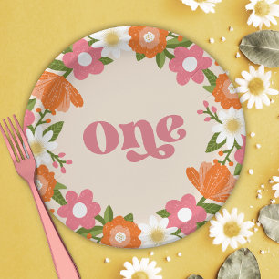 Cute Retro Floral One Baby's First Birthday Paper Plate