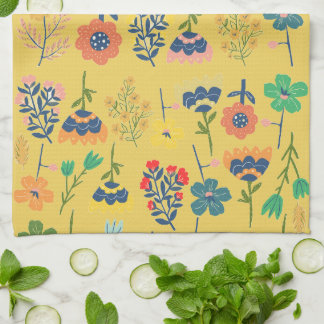 Cute retro floral pattern mustard Pink Green Kitchen Towel