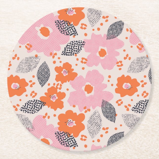 Cute Retro Floral Pattern Round Paper Coaster (Front)