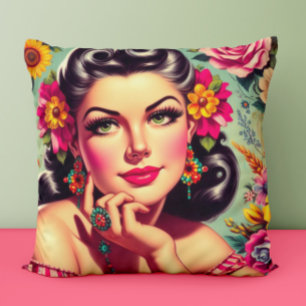Cute Retro Floral Pin-up Portrait Throw Pillow
