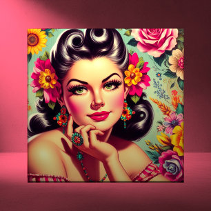 Cute Retro Floral Pin-up Portrait Tile