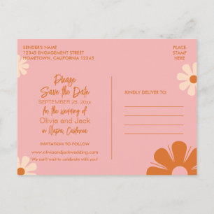 Cute Retro Floral Pink and Orange Save the Date Postcard
