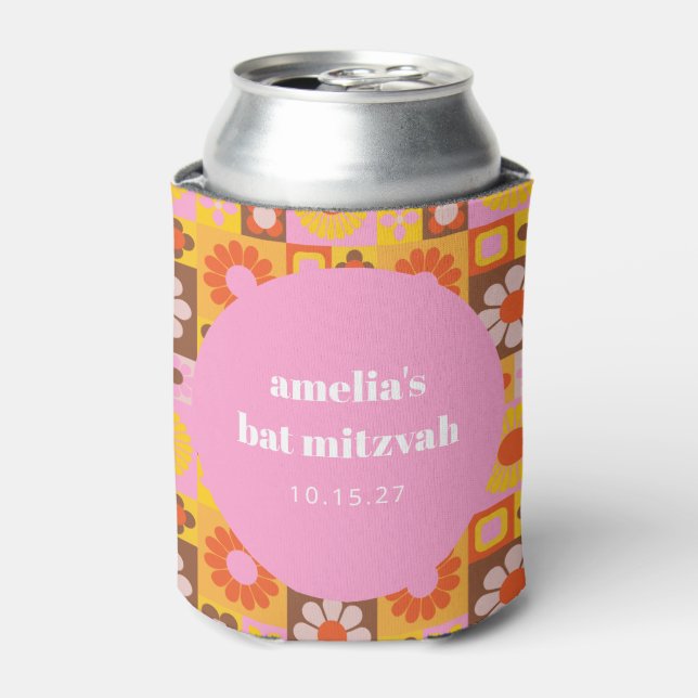 Cute Retro Floral Pink Orange Bat Mitzvah Custom Can Cooler (Can Front)