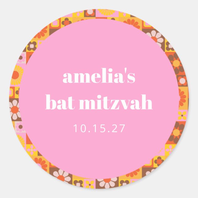 Cute Retro Floral Pink Orange Bat Mitzvah Custom Classic Round Sticker (Front)
