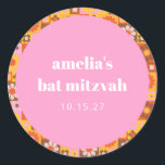 Cute Retro Floral Pink Orange Bat Mitzvah Custom Classic Round Sticker<br><div class="desc">Add a personalized pop of fun to your celebration with these vibrant custom stickers! Featuring a playful pink centre surrounded by a retro floral and geometric border in warm orange, yellow, and brown tones, these stickers are perfect for a Bat Mitzvah or any special event. Highlighting the guest of honour's...</div>