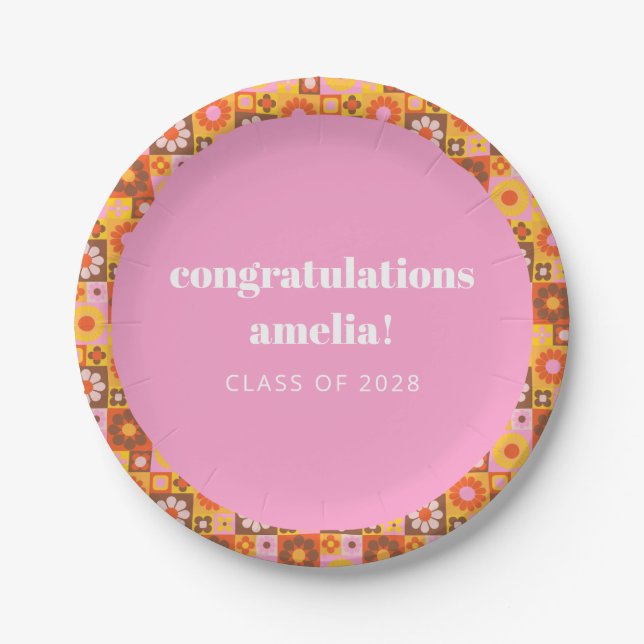 Cute Retro Floral Pink Orange Graduation Custom Paper Plate (Front)