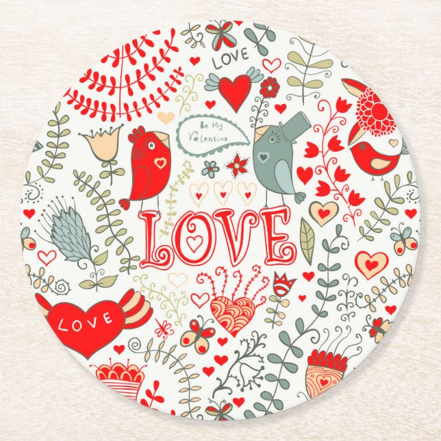 Cute Retro Floral Valentines Design Round Paper Coaster (Front)
