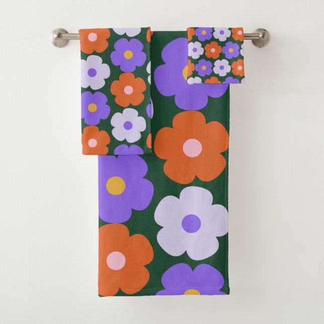 Cute Retro Flower Pattern in Purple and Green   Bath Towel Set (Insitu)