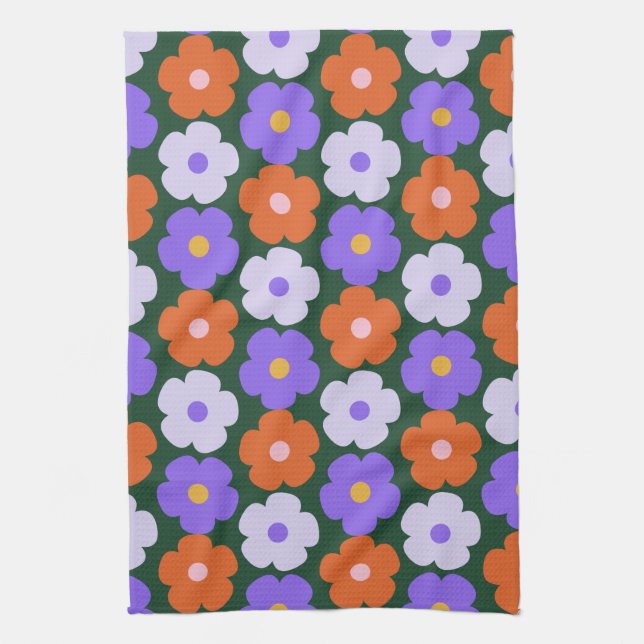 Cute Retro Flower Pattern in Purple and Green   Kitchen Towel (Vertical)