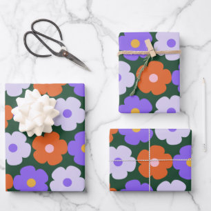Cute Retro Flower Pattern in Purple and Green  Wrapping Paper Sheet