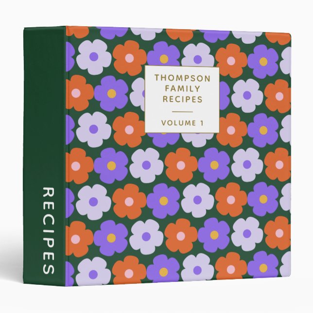 Cute Retro Flower Purple Green Personalized Recipe Binder (Front/Spine)