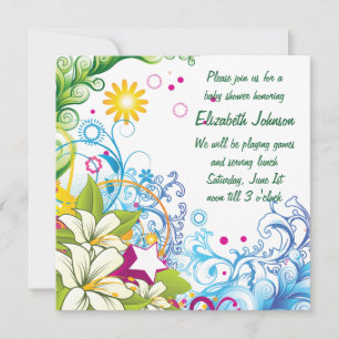 Cute Retro Flower Stars Gender Neutral Baby Shower Invitation