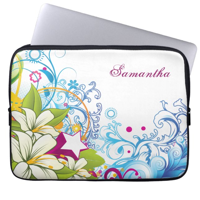 Cute Retro Flowers and Stars, Girlie Grunge Laptop Sleeve (Front)