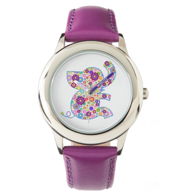 Cute Retro Flowers Cartoon Style Elephant Watch (Front)