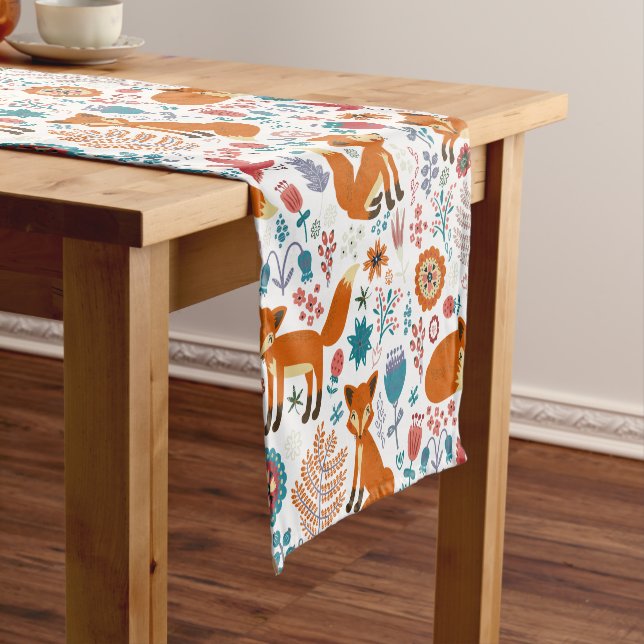 Cute Retro Flowers Foxes & Birds Pattern Tableclot Short Table Runner (In Situ)