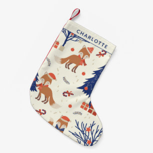 Cute Retro Fox and Christmas Tree Personalized Small Christmas Stocking