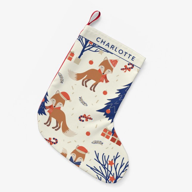 Cute Retro Fox and Christmas Tree Personalized Small Christmas Stocking (Front (Hanging))