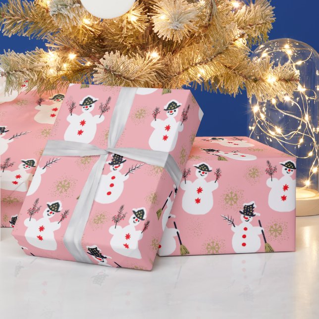 Cute Retro Frosty Gold Pink Wrapping Paper (Holidays)