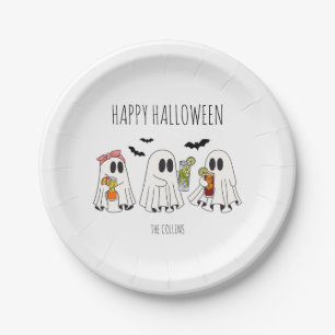 Cute Retro Ghost and Cocktails Happy Halloween Paper Plate
