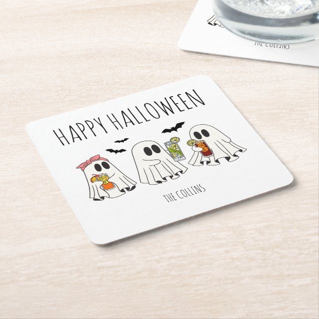 Cute Retro Ghost and Cocktails Happy Halloween Square Paper Coaster (Angled)