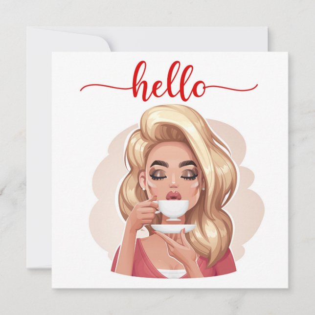 Cute Retro Girl Blonde Flat Hello Card (Front)