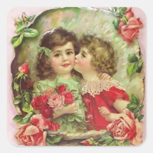 Cute Retro Girls With Roses Square Sticker