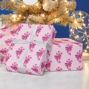 Cute Retro Girly Pink Candy Cane with Bow Wrapping Paper