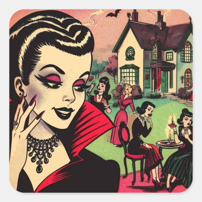Cute Retro Goth Vampire Woman Comics Square Sticker (Front)