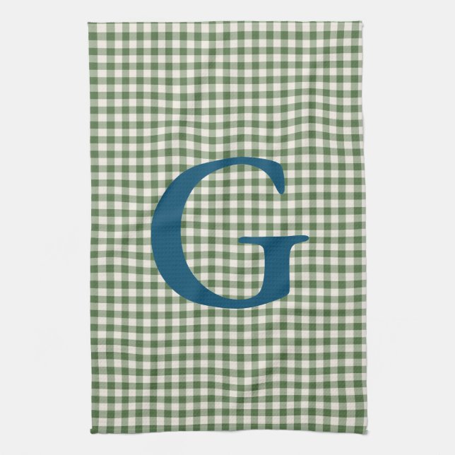 Cute Retro Green Gingham Plaid Pattern Monogram  Kitchen Towel (Vertical)