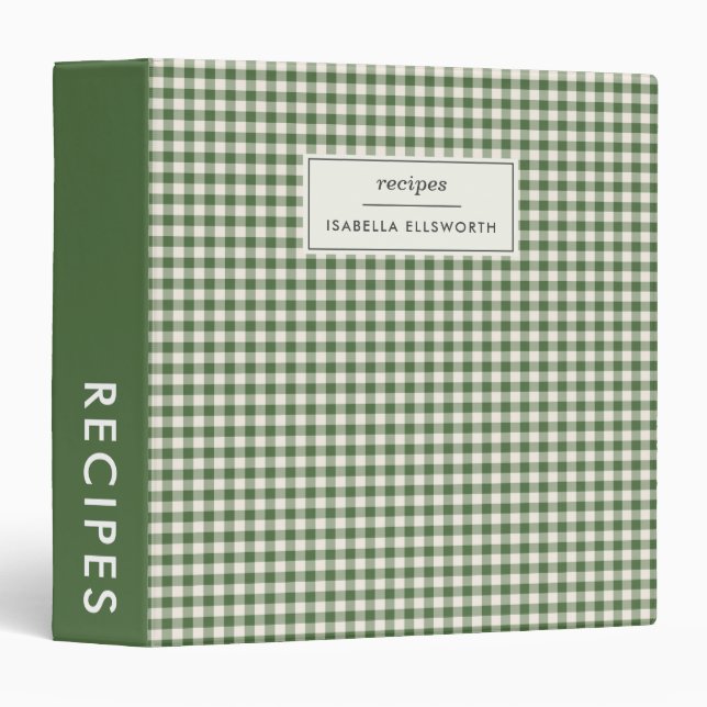 Cute Retro Green Gingham Plaid Personalized Recipe Binder (Front/Spine)