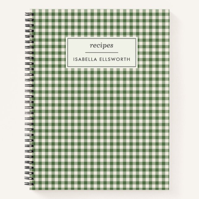 Cute Retro Green Gingham Plaid Personalized Recipe Notebook (Front)