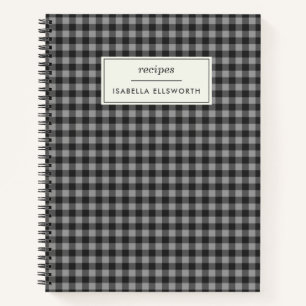 Cute Retro Grey Gingham Plaid Personalized Recipe Notebook
